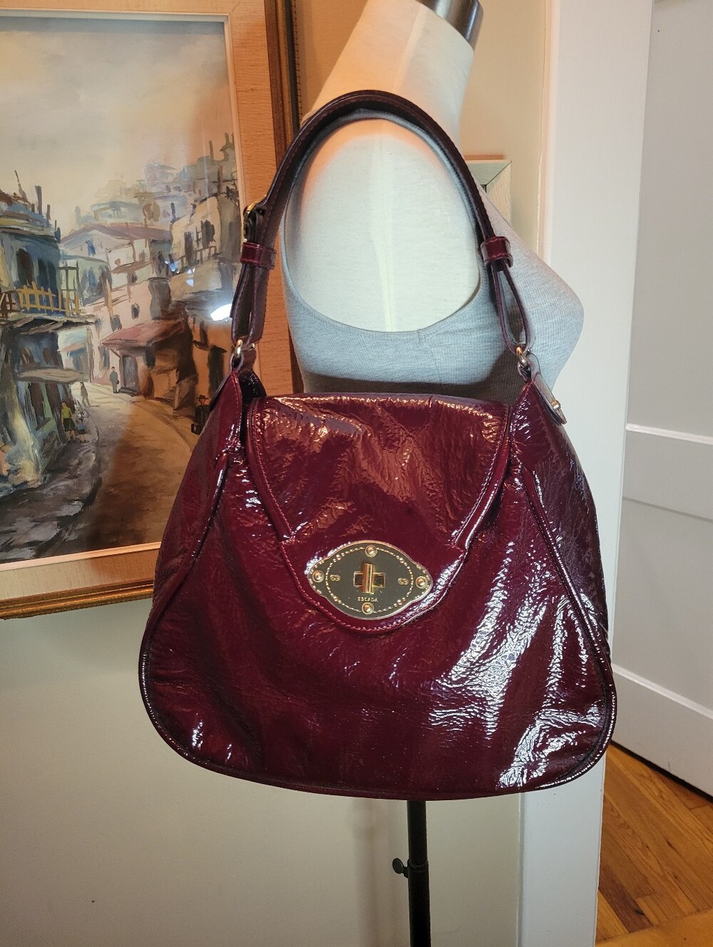 Vintage Escada Crinkle Patent Leather Handbag - Burgundy